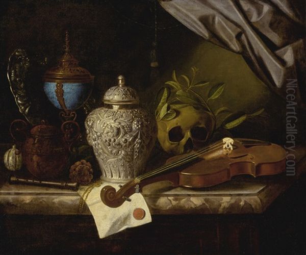 A Vanitas Still Life With A Violin, A Skull Draped With Laurel Branches, A Silver Ginger Jar, A Recorder, A Letter With A Red Seal, A Silver Gilt Hardstone Cup, And A Silver Dish, All On A Marble Ledge Oil Painting by Pieter Gerritsz van Roestraten