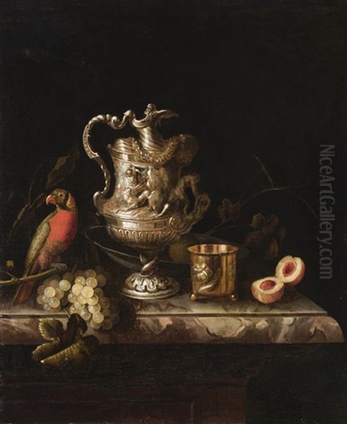 A Still Life With A Parrot, Grapes, A Peach And An Elaborate Italian Silver Ewer Decorated With Hercules Fighting The Nemean Lion Oil Painting by Pieter Gerritsz van Roestraten