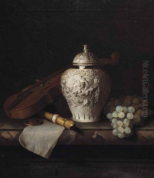 An English Silver Ginger Jar With A Violin, Flute And Grapes On A Stone Ledge Oil Painting by Pieter Gerritsz van Roestraten