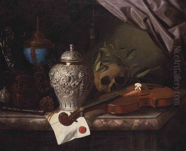 A Violin, A Skull Draped With Laurel Branches, A Silver Ginger Jar, A Recorder, A Letter With A Red Seal, A Silver-gilt, Hardstone Cup And A Silver Dish On A Marble Ledge Oil Painting by Pieter Gerritsz van Roestraten