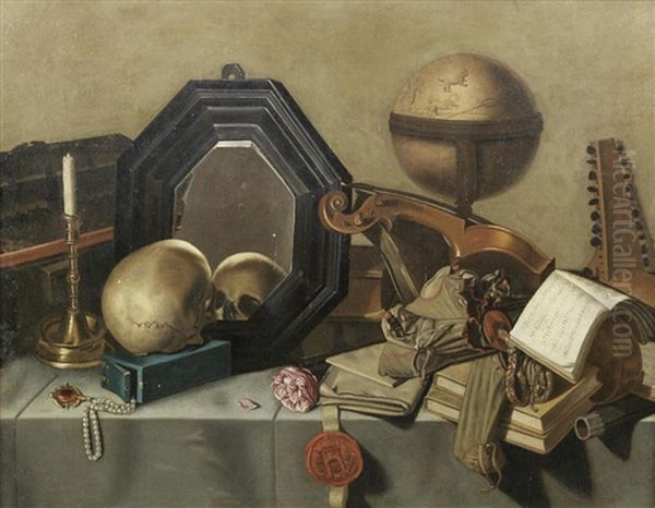 A Memento Mori Still Life Of A Skull, A Mirror, A Globe, Books, Musical Instruments And Other Objects On A Draped Table Top by Pieter Gerritsz van Roestraten