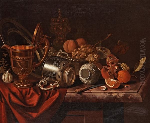 Still Life With Fruits, A Knife And Trophies Oil Painting by Pieter Gerritsz van Roestraten