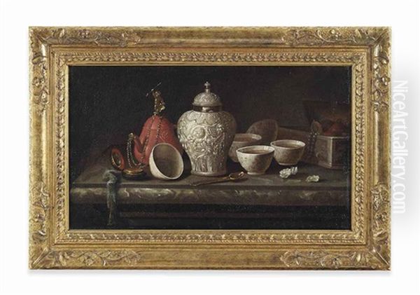 Still Life Of Cups, A Jar And Boxes On A Marble Ledge Oil Painting by Pieter Gerritsz van Roestraten