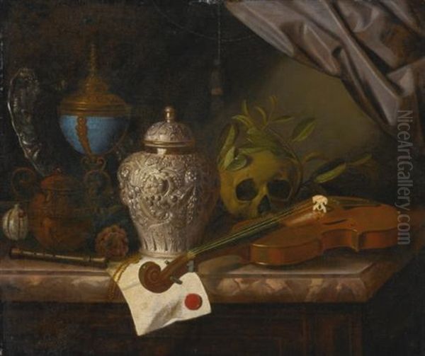 A Vanitas Still Life With A Violin, A Skull Draped With Laurel Branches, A Silver Ginger Jar, A Recorder, A Letter With A Red Seal, A Silver Gilt Hardstone Cup And A Silver Dish, All On A Marble Ledge Oil Painting by Pieter Gerritsz van Roestraten