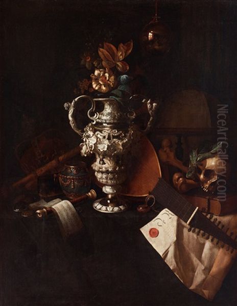 A Vanitas Still Life With Regalia, Musical Instruments, A Reflecting Imperial Orb, A Skull And Bones And A Charter Group Oil Painting by Pieter Gerritsz van Roestraten