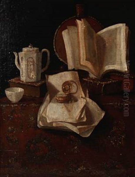 Still Life With Books, Jug And Clock On A Flowered Rug Oil Painting by Pieter Gerritsz van Roestraten