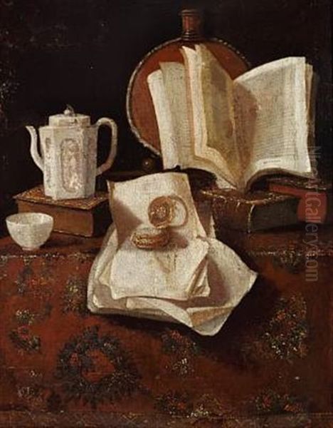 Still Life With Books, Jug And Clock On A Flowered Rug Oil Painting by Pieter Gerritsz van Roestraten