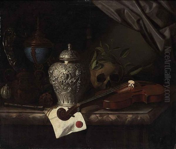 Violin, A Skull Draped With Laurel Branches, A Silver Ginger Jar, A Recorder, A Letter With A Red Seal, A Silver Gilt Hardstone Cup And A Silver Dish... Oil Painting by Pieter Gerritsz van Roestraten