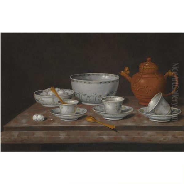 A Still Life Of A Yixang Metal-mounted Teapot On A Stone Ledge With Eight Chinese Export Pieces by Pieter Gerritsz van Roestraten