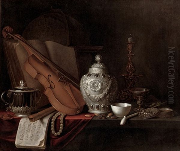 A Silver Ginger Jar, A Violin, A Silver Porringer, A Globe, A Pearl Necklace, A Gilt Candlestick, A Porcelain Bowl And More On A Partly Draped Table Oil Painting by Pieter Gerritsz van Roestraten