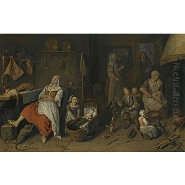 A Kitchen Interior With A Woman Cooking At The Hearth, Children Playing And A Woman Resting By The Butcher's Table Oil Painting by Pieter Gerritsz van Roestraten