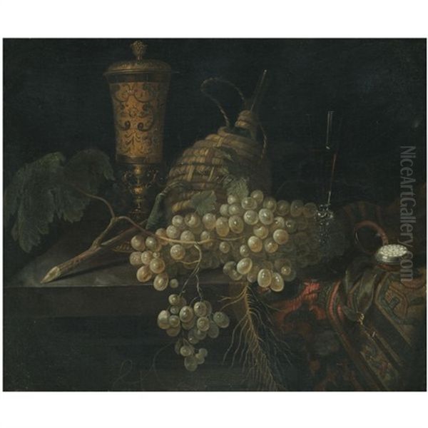 A Still Life With A Golden Goblet, A Flagon Of Wine, A Pocket Watch, A Bunch Of Grapes Laid Out On A Stone Ledge Partly Draped With A Carpet Oil Painting by Pieter Gerritsz van Roestraten