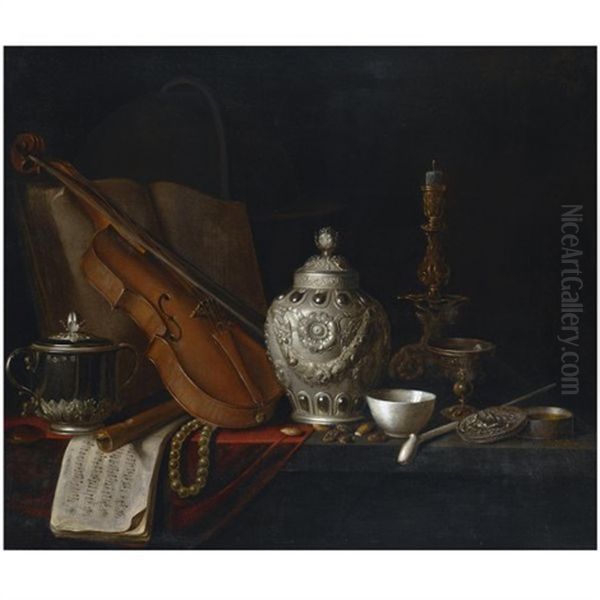 A Still Life With A Silver Ginger Jar, A Violin, A Pearl Necklace, A Recorder, Music Sheets, A Silver Porringer, A Book, A Globe, A Gilt Candlestick, A Glass, A Porcela Oil Painting by Pieter Gerritsz van Roestraten