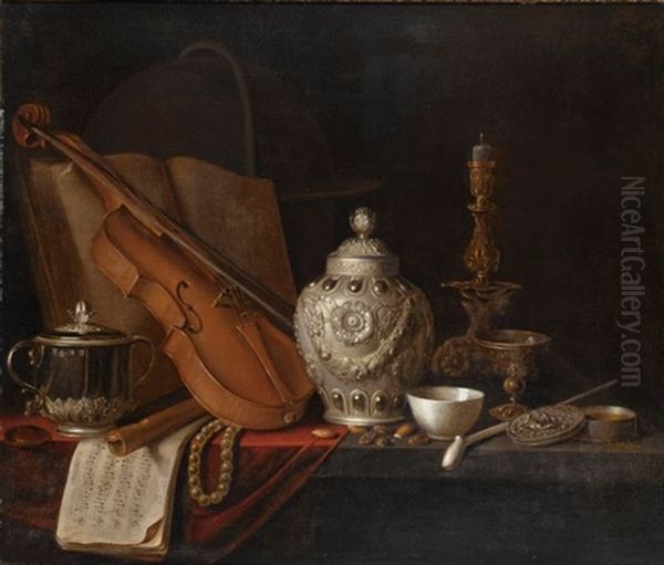 A Still Life With A Silver Ginger Jar, A Violin, A Pearl Necklace, A Recorder, Music Sheets, A Silver Porringer, A Book, A Globe, A Gilt Candlestick, A Glass, A Porcela Oil Painting by Pieter Gerritsz van Roestraten