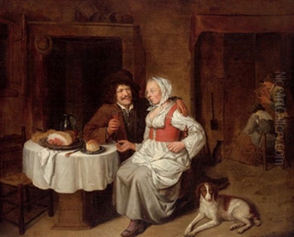 Ein Liebespaar Bei Der Jause Mit Einem Hund In Einem Interieur Oil Painting by Pieter Gerritsz van Roestraten