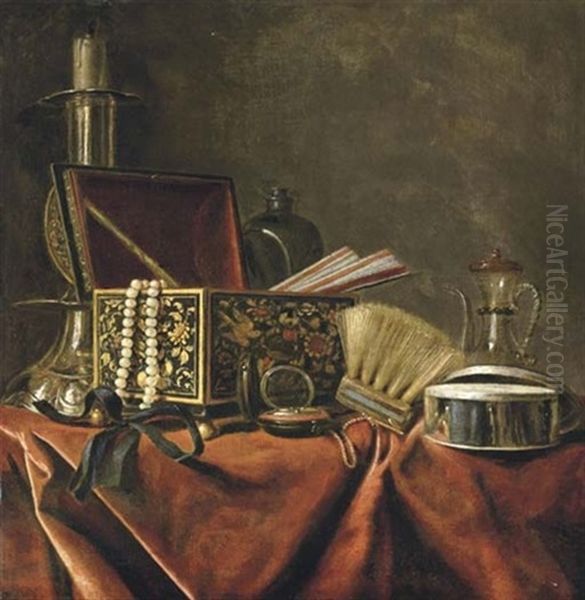 A Silver Candlestick, An Emamelled Jewellery Box With A Pearl Necklace And A Pair Of Fans, A Pocket Watch, A Brush, A Silver Box And A Small Jug On A Draped Table Oil Painting by Pieter Gerritsz van Roestraten