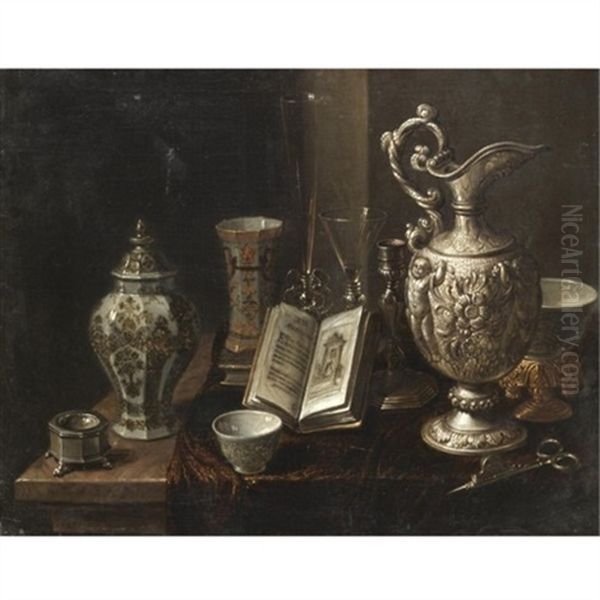 Roestraeten_pieter Gerritsz Van A Still Life With A Silver Ewer, A Candle Snuffer, Various Glasses And Porcelain Vases Together On A Marble Tabletop Draped With A Cloth Oil Painting by Pieter Gerritsz van Roestraten