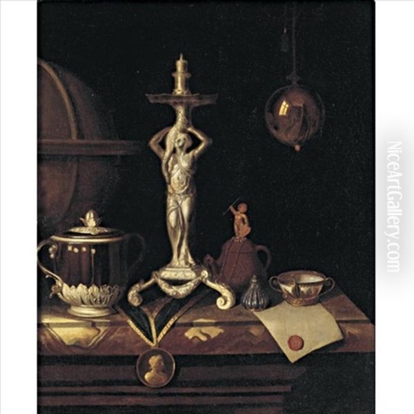 Still Life With A Candlestick, A Charles Ii Caudle Cup And Cover, A Two Handled Spout Cup, A Globe And A Document With A Wax Seal All Resting On A Table Oil Painting by Pieter Gerritsz van Roestraten