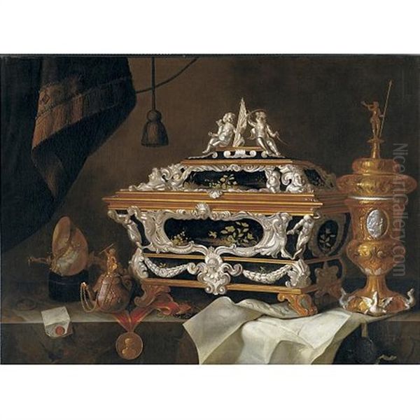 Still Life With An Elaborate Silver And Black Lacquer Casket, A Gilt Cup And Cover, A Teapot, A Letter, A Medallion, Nautilus Cup And A Watch All On A Ledge Oil Painting by Pieter Gerritsz van Roestraten