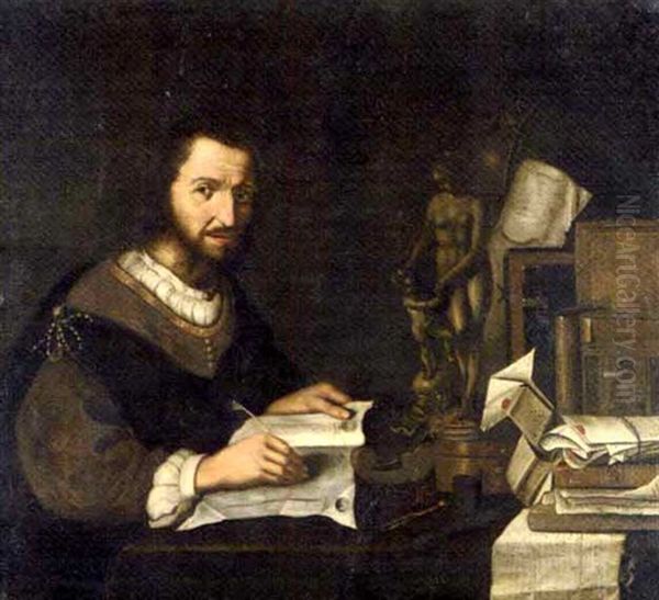 Portrait Of A Connoisseur, Seated At A Desk, With Manuscripts, A Statuette Of Venus And Cupid, And Scientific Instruments by Pieter Gerritsz van Roestraten