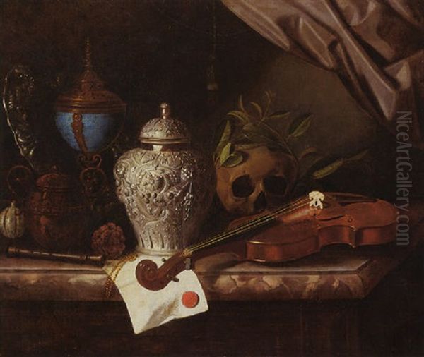 A Vanitas Still Life With Violin, Recorder, A Skull Draped With Laurel Branches And A Silver Ginger Jar On Marble Ledge Oil Painting by Pieter Gerritsz van Roestraten