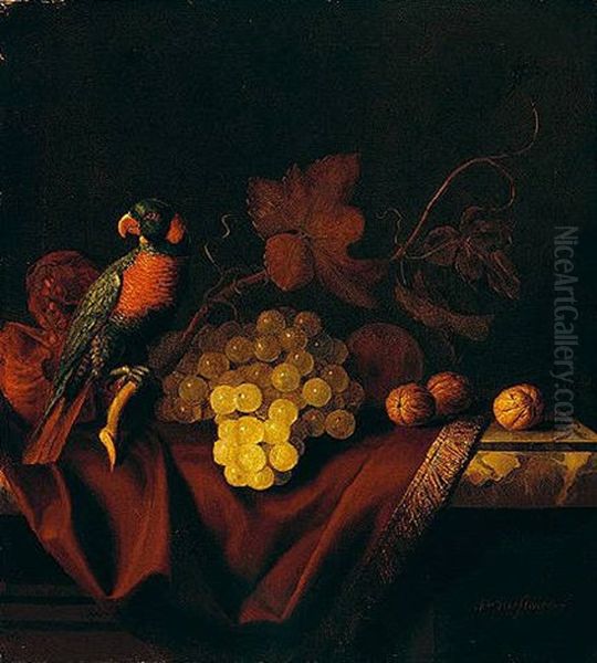 A Still Life Of Grapes And Walnuts With A Parrot On A Marble Ledge, Draped With A Fringed Cloth Oil Painting by Pieter Gerritsz van Roestraten