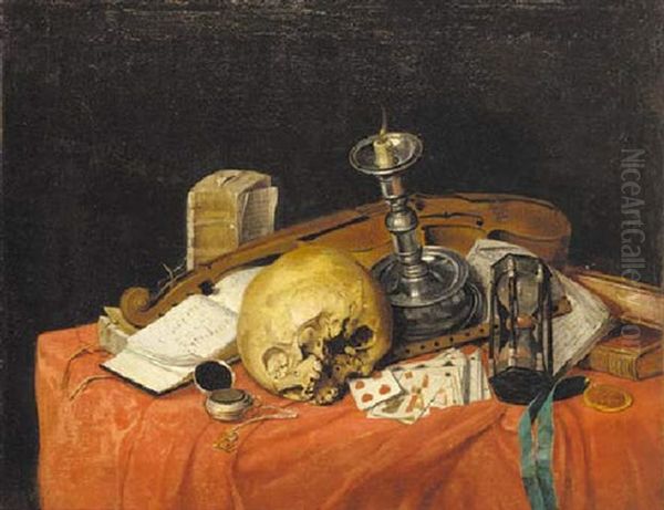 A Vanitas Still Life With A Skull, Hourglass, Candle, Cards, A Pocket Watch, Books, A Medal, A Violin And An Open Book Of Music On A Draped Table Oil Painting by Pieter Gerritsz van Roestraten