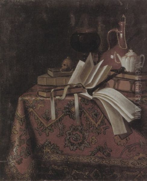 Stilleben Mit Buchern, Noten, Einer Flote Und Einem Tabakgefass Auf Einer Perserdecke Oil Painting by Pieter Gerritsz van Roestraten