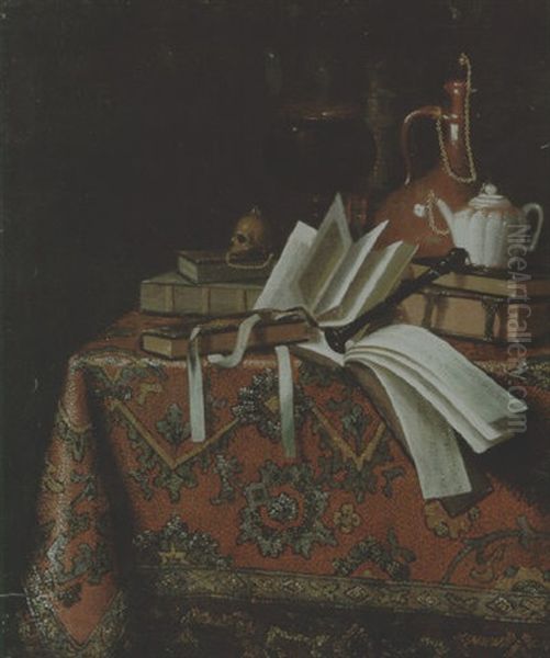 Stilleben Mit Buchern, Noten, Einer Flote Und Einem Tabakgefass Auf Einer Perserdecke Oil Painting by Pieter Gerritsz van Roestraten