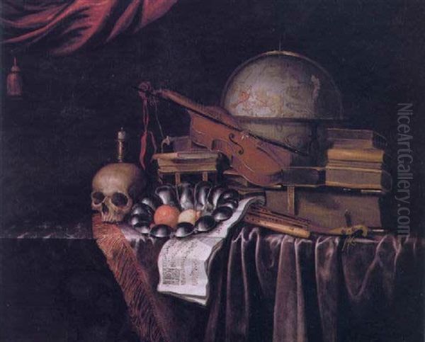 Nature Morte Med Globus, Musikinstrumenter, Boger Og Nodeblade Oil Painting by Pieter Gerritsz van Roestraten