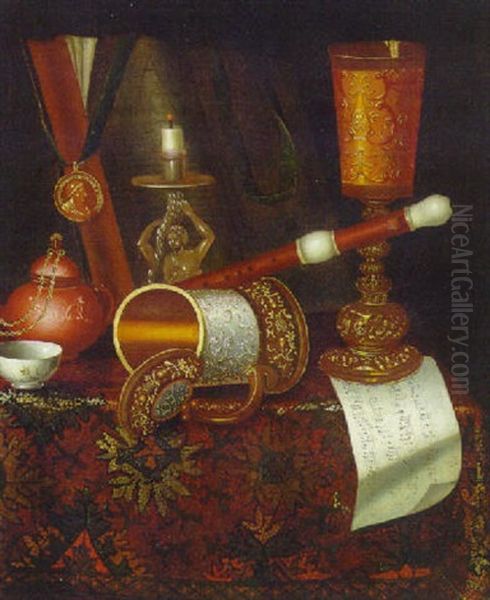 An Upturned Tankard, A Candlestick, A Book, A Medal, A Teapot, A Porcelain Bowl, A Recorder And A Sheet Of Music Oil Painting by Pieter Gerritsz van Roestraten