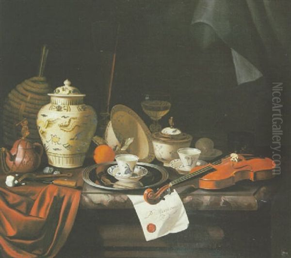 Nature Morte Aux Pieces De Porcelaine Et Violon Oil Painting by Pieter Gerritsz van Roestraten