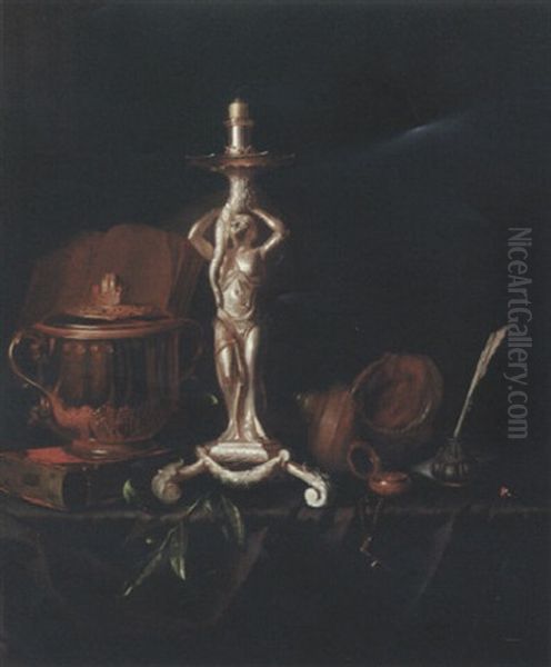 Still Life With Silver Candlestick, Inkwell And Globe On A Table Oil Painting by Pieter Gerritsz van Roestraten