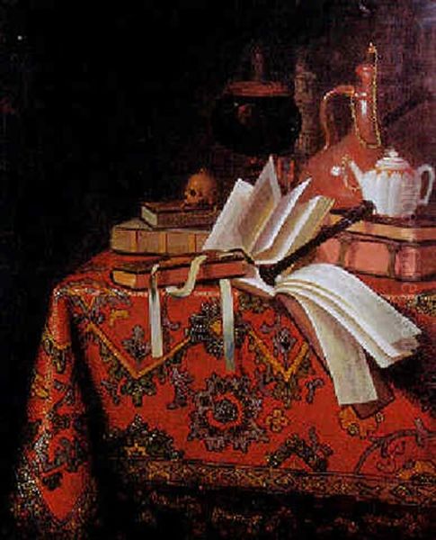 Stilleben Mit Buchern, Noten, Einer Flote Und Einem Tabakgefass Auf Einer Perserdecke Oil Painting by Pieter Gerritsz van Roestraten