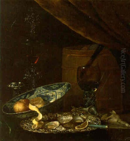 A Vanitas: A Jar, A Skull, A Medal And Other Objects On A Draped Table Oil Painting by Pieter Gerritsz van Roestraten