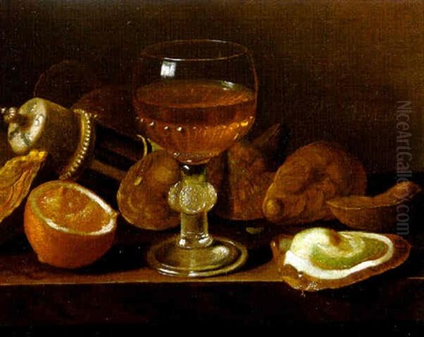 Still Life With A Glass Of Wine, An Overturned Caster, Oysters And A Cut Lemon O A Ledge Oil Painting by Pieter Gerritsz van Roestraten