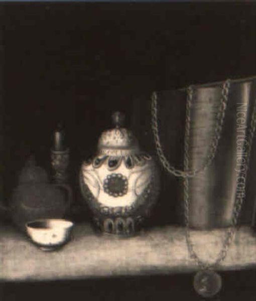 Still Life With A Teapot And Cup, A Candlestick, A Covered Jar... by Pieter Gerritsz van Roestraten