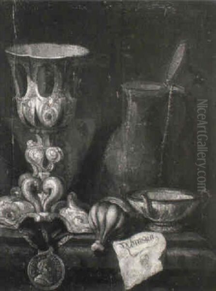 A Silver-gilt Tazza, A Medallion, A Ewer And Sheet Of Paper On A Ledge Oil Painting by Pieter Gerritsz van Roestraten