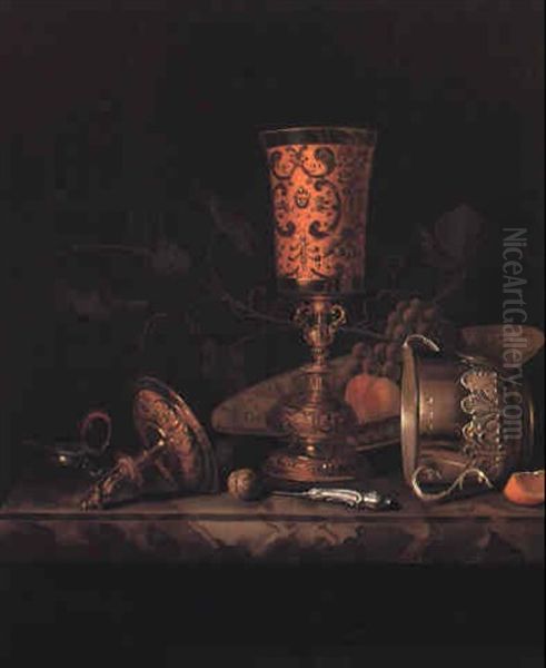 Silver-gilt Standing Cup And Cover, Fruit And A Knife On A Marble Ledge Oil Painting by Pieter Gerritsz van Roestraten