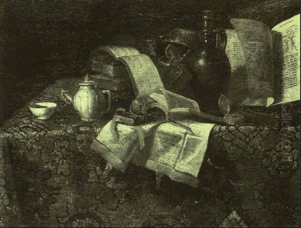 Still Life Of Tea Pot, Saucer, A Silver Cup And A Watch On A Rug On A Table Oil Painting by Pieter Gerritsz van Roestraten