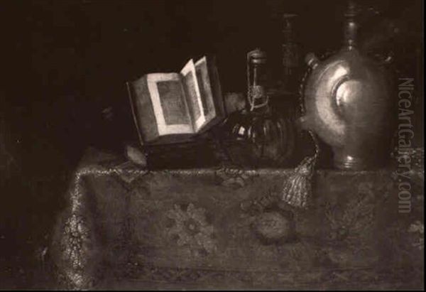 Still Life Of Books, A Lute, A Glass Bottle With Gilt       Appliques, A Candlestick And A Flask, All On A Table Covered Oil Painting by Pieter Gerritsz van Roestraten