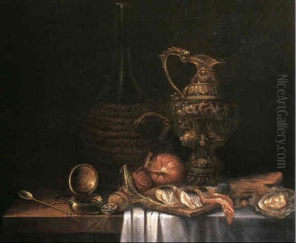 A Still Life With Herrings, An Onion, Oysters And Walnuts   Upon A Table Beside A Gilt Ewer And A Flagon Of Wine Oil Painting by Pieter Gerritsz van Roestraten