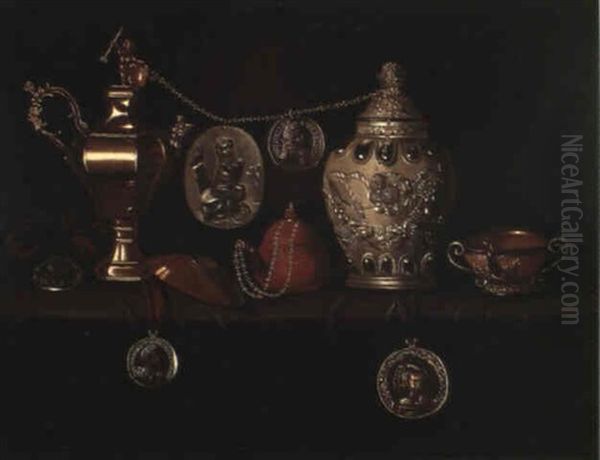 Nature Morte A L'aiguiere, Au Vase Couvert Et A La Theiere, A La Coupe Verseuse Et Aux Medailles Oil Painting by Pieter Gerritsz van Roestraten