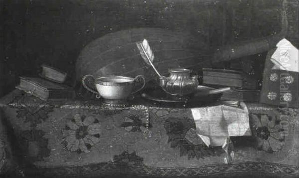 Still Life Of A Lute With Books, Letters And A Cup Upon A   Table Draped With A Carpet Oil Painting by Pieter Gerritsz van Roestraten