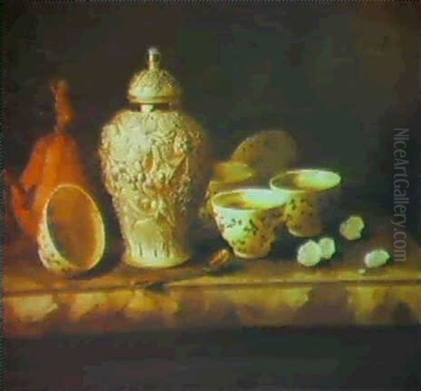 Still Life Of A Frosted Silver Ginger Jar With A Stoneware  Teapot Oil Painting by Pieter Gerritsz van Roestraten