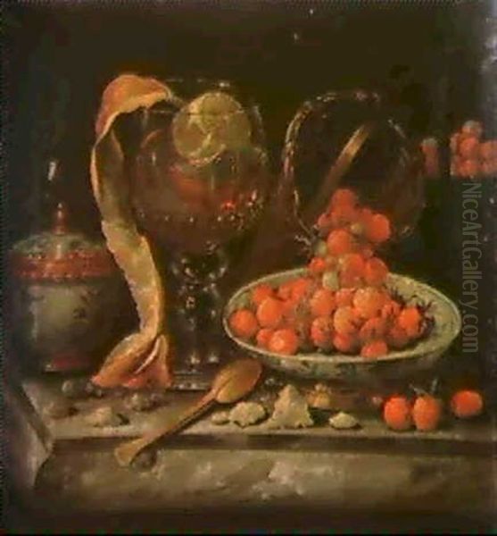 A Still Life Of A Chinese Blue And White Bowl And Cover, An Orange In A Glass Roemer, A Gold Spoon... Oil Painting by Pieter Gerritsz van Roestraten