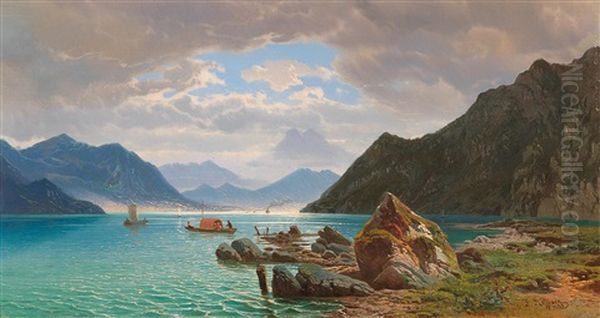 Lake Lugano Oil Painting by Jean Francois Xavier Roffiaen