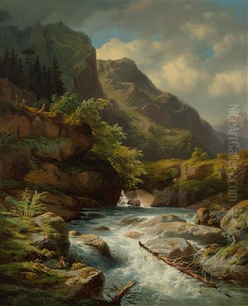 Mountain River Oil Painting by Jean Francois Xavier Roffiaen