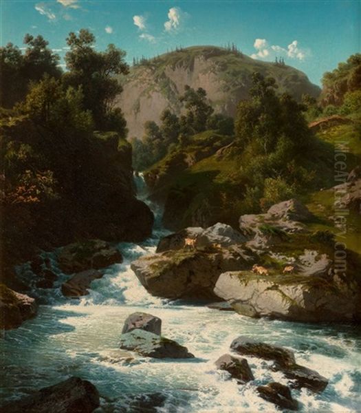 Mountain Stream, 1853 Oil Painting by Jean Francois Xavier Roffiaen