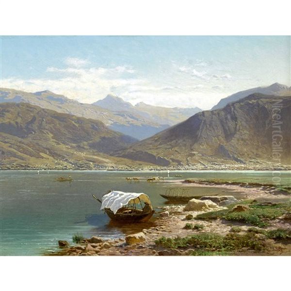 Vue Prise Au Bord Du Lac Majeur A Magadino Oil Painting by Jean Francois Xavier Roffiaen